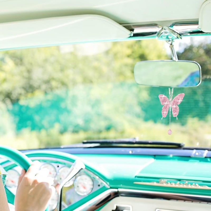 Couslcd Bling Butterfly Diamond Car Accessories, Crystal Car Rear View Mirror Charms for Women, Car Decoration Lucky Hanging Interior Crystal Ornament Pendant Decor for All Cars (Pink) - Image 5